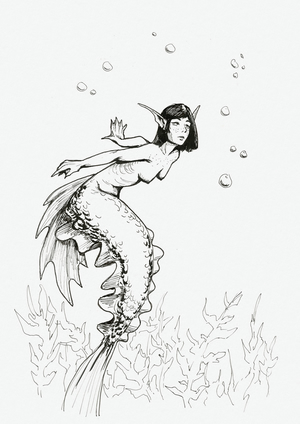 Ink drawing of a mermaid looking upward with a focused expression.
Her pose is tense, prepared for fast motion.