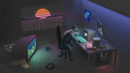Digital illustration of a dark room cluttered with gadgets,
inside jokes, and various monitors displaying demoscene-related imagery.
In the middle a wizard sits on a gaming chair hunched over a keyboard.