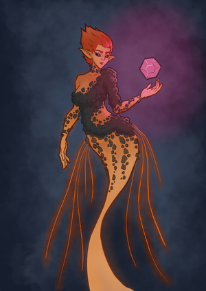 A digital painting of a mermaid composed of glowing magma and dark volcanic rock, holding a glowing purple polyhedron with a pondering expression.