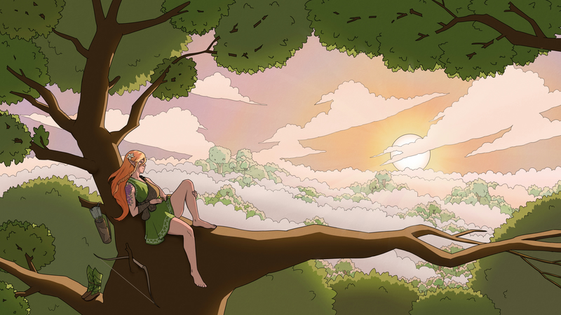 Digital drawing of a foggy forest at sunset, viewed from the top branches of a tall tree.
A redheaded elven woman wearing a green tunic with a belt and archer's chest guard sits relaxing on the branches.
Her boots, bow and quiver are hanging on the branches below her.