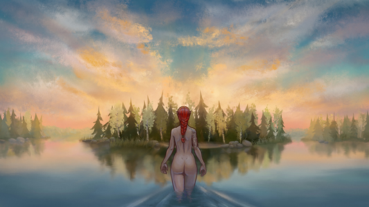 Digital painting depicting a quiet lake at sunset.
The sun is behind an island covered with spruce and birch trees,
its light filtering through the top branches and reflecting from the clouds above.
In the foreground a naked woman with braided red hair is walking into the water.