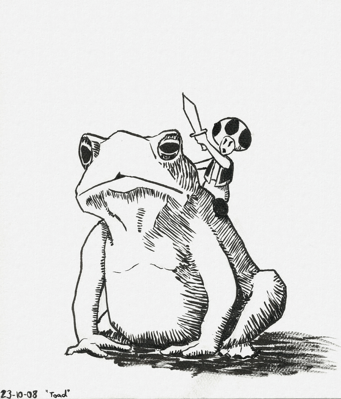 Ink drawing of a Toad (the character from Super Mario) riding a toad (the animal from real life)
and holding up a little sword.