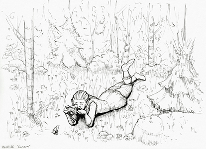 Black and white ink drawing of Miriel the forest elf
lying down on her stomach with a camera,
taking a picture of a small bird standing on the ground.