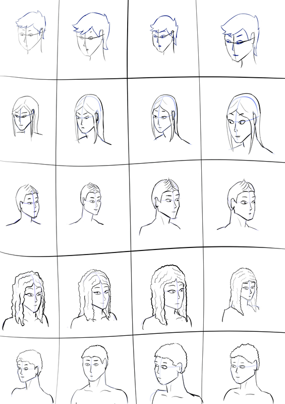 A grid of wonky heads with basic construction lines.