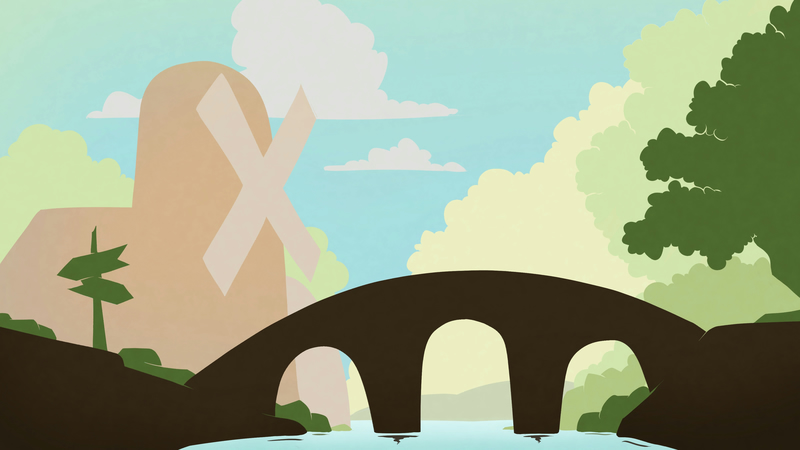 Digital drawing of an arc-shaped bridge crossing a small river.
There are trees and a windmill in the background. Stylized shapes with entirely flat colors.