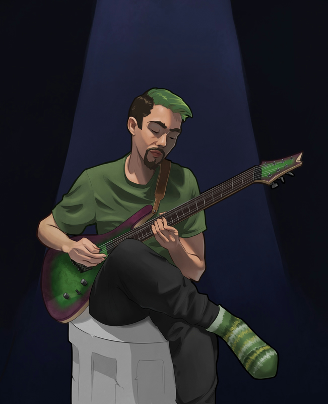 A digital painting of a young man with pale skin and dark brown hair dyed green on top,
sitting on a stone pillar playing a 7-string Cort KX500MS electric guitar.