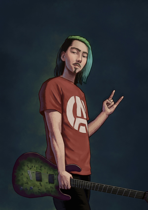 Digital painting of a white guy
with shoulder-length dark hair partially dyed turquoise,
thick eyebrows, and a goatee and mustache for facial hair.
They're wearing a red t-shirt with a circled "A" on it,
holding an electric guitar, and making the devil horns sign with their free hand.
