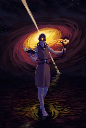 A digital painting of a blue-skinned woman,
wearing a light dress and a blindfold,
adorned with glass orbs containing various celestial objects,
and holding a magic wand with a black hole inside of it. It's dark.
She's walking on a flat plane of water and lit from behind by a swirling quasar.