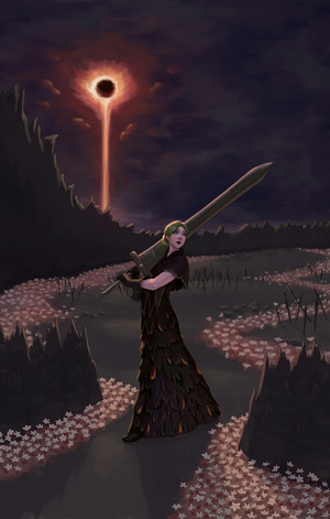 Digital painting of a green-haired woman in a long dress
holding a massive greatsword over her shoulder.
She's calmly walking in a rocky landscape surrounded by white flowers
and lit dramatically from behind by a solar eclipse.