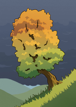 A digital drawing of a leafy tree standing on a steep slope
in warm orange sunlight. Its leaves are in the process of changing color, with
red on top, yellow in the middle, and green at the bottom. Behind it are some
rolling hills and the dark clouds of an oncoming thunderstorm.