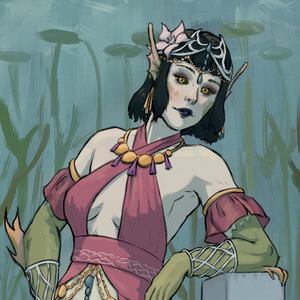 Pale-skinned mermaid with dark bob-cut hair,
wearing a tiara, some jewelry, and a bikini top.