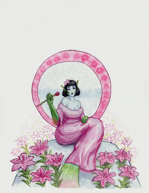 Gouache painting of Aava, a pale-skinned mermaid with black bob-cut hair,
sitting on a rock in a long pink dress and holding a rose in her hand.
She's surrounded by large pink lilies which fade into outlines and then into nothing behind her,
and there's an abstract art nouveau -style circle framing her head and shoulders.