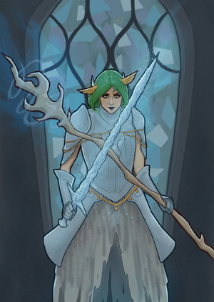 Digital painting of a green-haired woman wearing steel
plate armor with gold decorations. She's holding a large magic staff in one
hand and a sword made of ice in the other in a defensive cross pose, staring
intently at the viewer.