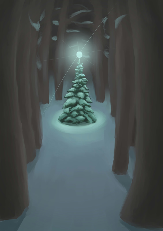 Digital painting of a spruce tree with a ball of light at its top
in a snowy forest at night.