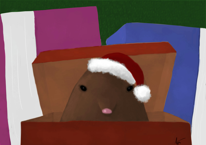 Digital painting of a mole peeking out of a pile of wrapped presents.