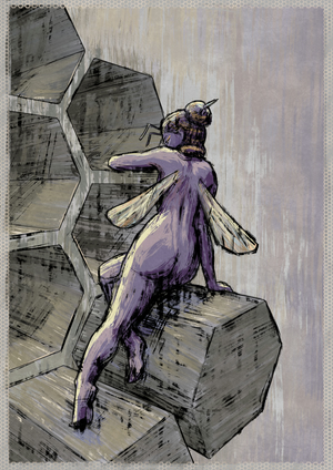 Digital painting of a naked purple-skinned woman with bee wings on her back.
She's climbing on a grungy metal wall with hexagonal grid of holes and protrusions along it.
The entire image is painted in a coarse style mimicking a dry ink brush.