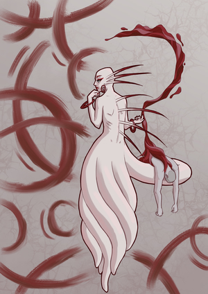 A digital drawing of a porcelain-white mermaid with a bald
head, heavy crimson makeup, and a swirl of tentacles for a tail. They're
holding a corpse on one of the tentacles, magically draining blood from it.
They're looking at circular patterns of blood in the background with a
pondering expression.