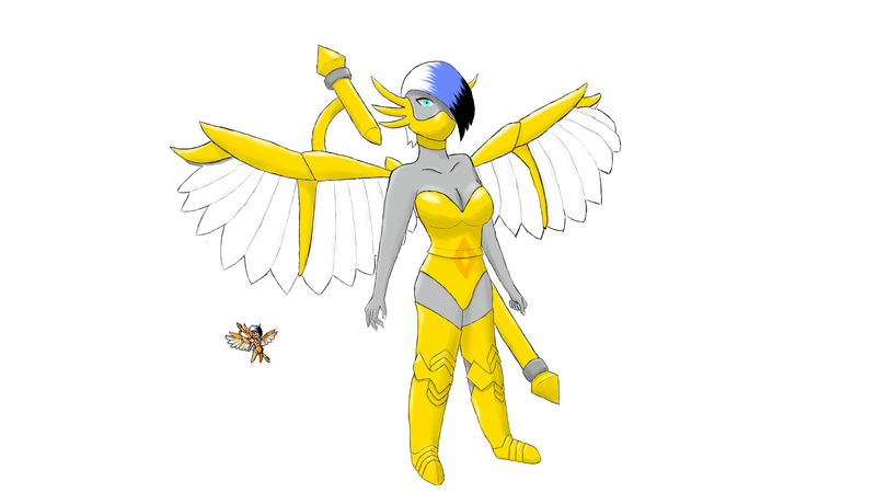 Digital drawing of a gray-skinned woman with wings wearing silly leotard-shaped gold armor.