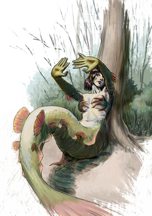 Digital ink painting of Aava,
a pale mermaid with black bob-cut hair, naked, sitting back against a tree.
She's reaching her arms towards the sun so that her hands cast shadows over her breasts.
The shading is roughly textured, imitating ink applied with a dry brush,
and the composition cuts away to white close around her.