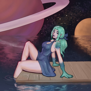 A digital painting of a lady sitting at the end of a pier,
leaning backwards on her hands with one foot in the water. She's wearing a dark
blue one-piece swimsuit with a skirt, and she has teal and blue scales on her
shoulders and forearms. In the background is a night sky with two large
planets, reflected by the calm water.