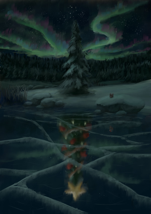 Digital painting of a snowy landscape at night, lit by the moon and northern lights.
There's a lone spruce tree seen across a lake frozen with clear ice.
The reflection of the tree in the ice has christmas tree decorations on it.
There's also a little squirrel whose reflection has a santa hat.