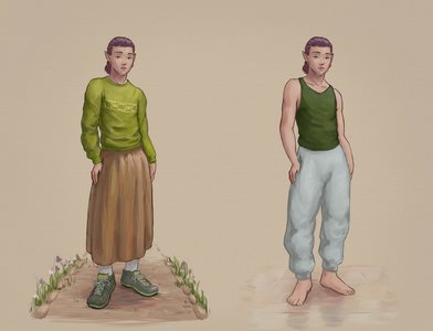 Digital sketch of a male-presenting elf with long purple hair tied into a bun.
There are two versions wearing different outfits.
In the first he's standing on a gravel path wearing a long-sleeve sweater,
an ankle-length skirt, socks, and sneakers.
In the second he's barefoot on a shiny hardwood floor wearing a tank top and sweatpants.