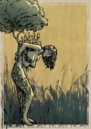 Digital drawing of a woman with floral tattoos along her leg 
and actual flowers and a tree growing on her back.
The style is rough with mostly flat colors, imitating ink painted with a coarse dry brush.