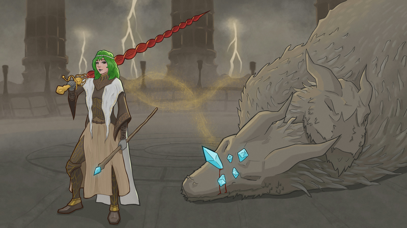 A digital drawing of a green-haired woman wearing ornate leather armor with a white cloth cape.
She's carrying a large corkscrew-shaped sword over her shoulder, and a magic staff in the other hand.
She's standing confidently in front of a slain two-headed dragon.