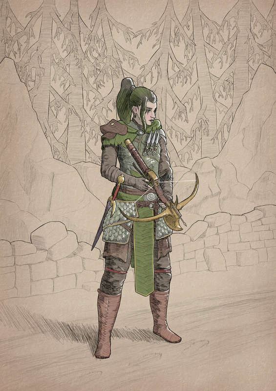 Digital drawing of a green-haired woman standing on a muddy road in the snowy wilderness of Fractured Peaks.
She's wearing light leather and plate armor with a green cloth hood,
and carries a crossbow, two swords, and several small daggers.