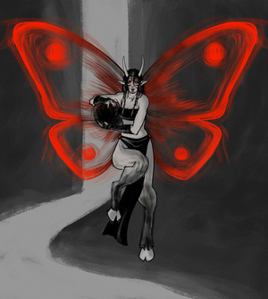 Digital ink drawing of a demon lady with goat legs, long
straight horns, and glowing red butterfly wings on her back. She's floating
above the ground, holding some kind of shadowy magic orb in her hands.