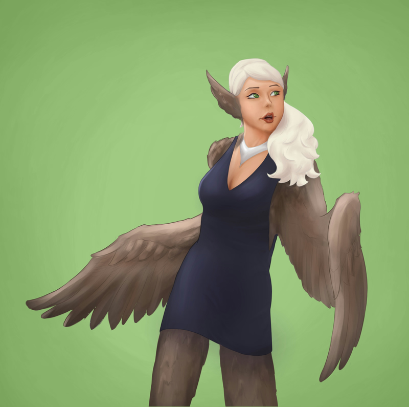 Digital painting of a harpy wearing a dress.