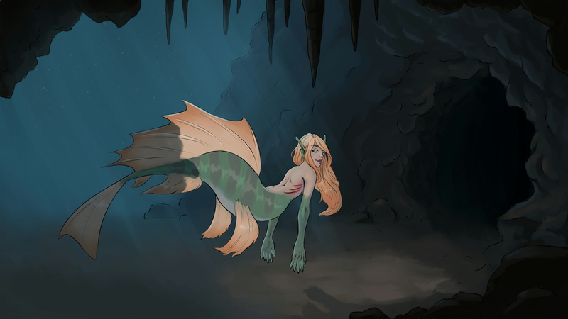 Digital painting of a mermaid with a green tail large orange fins, and orange hair.
She heads towards a dark cave, looking back at the viewer with an amused expression.