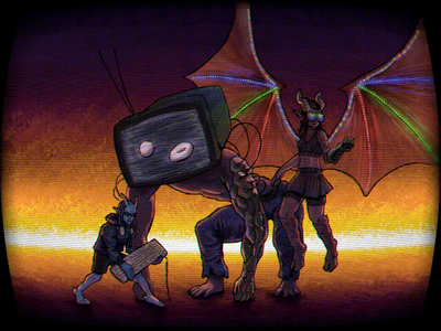 Three demonic creatures standing against a background of pixelated fire.
A small imp in a hoodie holding a keyboard,
a gorilla-shaped creature with mechanical arm and a CRT television for a head,
and a horned woman with RGB-lit bat wings wearing VR goggles and a Power Glove.
Everything is viewed through a distorted filter with a stripey CRT effect and chromatic aberration.
