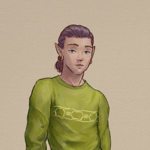 Elven man with long purple hair tied into a bun,
wearing a sweater and earrings.