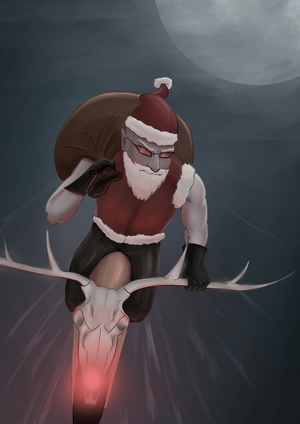 A digital painting imagining Santa Claus as a biker. He's
riding a motorcycle with a reindeer skull for handlebars and wearing a red vest
and sunglasses.