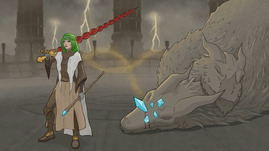 A digital drawing of a green-haired woman wearing ornate
leather armor with a white cloth cape. She's carrying a large corkscrew-shaped
sword over her shoulder, and a magic staff in the other hand. She's standing
confidently in front of a slain two-headed dragon.