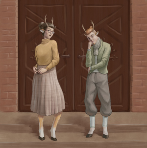 Digital painting of two fauns with deer-like features.
They're standing in front of a carved wooden door and wearing old-timey academia-style clothes:
a turtleneck sweater and a plaid skirt; a tweed jacket and pants with a scarf.