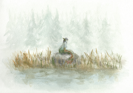Gouache painting of a mermaid sitting on a rock surrounded by reeds and water.
It's very misty, expressed by painting transparently and letting the white paper show through.
A forest can be faintly seen in the background.