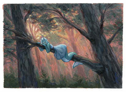 Gouache painting of Salma,
a merman styled after an orca, lying on a branch in a big pine tree.
We're looking up at him from the ground, and he's looking back down at us with a smirk,
framed by warm light filtering in through the canopy.