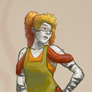 A woman with birch bark for skin and autumn-colored leaves for hair,
wearing a dress with an apron.