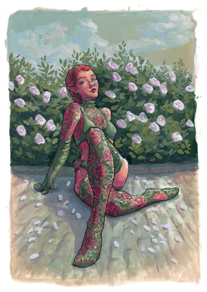 Gouache and ink painting of Miriel, a red-haired elf,
wearing a green set of lace lingerie with rose patterns.
She's sitting on a cobblestone floor in front of a bush of roses
and thrusting a leg forward to show off her stockings.
It's a warm early sunset in a park somewhere.