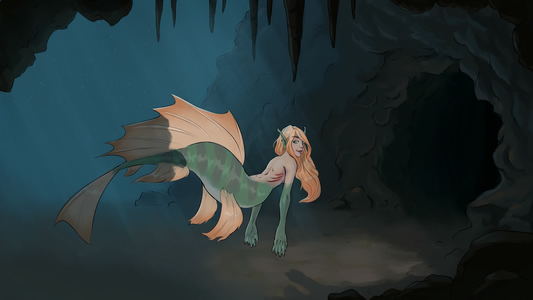 Digital painting of a mermaid with a green tail large
orange fins, and orange hair. She heads towards a dark cave, looking back at
the viewer with an amused expression.
