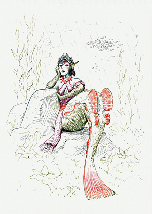 Ink drawing of a mermaid sitting on the sea floor, leaning on a rock.
There's seaweed and a school of fish in the background.
She's drawn in colored inks but using only lines, partially colored in with hatching.