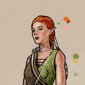 A red-haired elven woman wearing a sleeveless leather-reinforced tunic
and carrying a bow.
