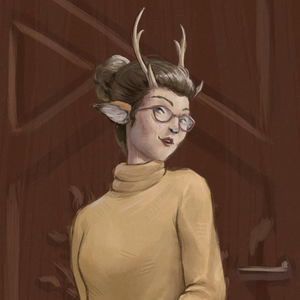A faun woman wearing glasses and a turtleneck sweater.
She has long dark hair tied into a bun.