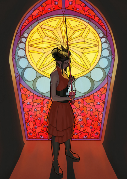 A digital painting featuring a large and brightly lit stained glass window depicting red poppy flowers.
In front of the window stands a woman wearing a red and black dress.
She has horns on her head, black hair styled into a bun,
and she's holding a pink glass rapier in front of her face.