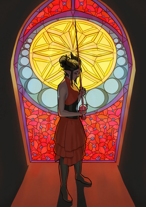A digital painting featuring a large and brightly lit
gothic-style stained glass window in an otherwise dark room. The bottom half of
the window depicts red poppy flowers, the rest is a circular decorative design.
In front of the window stands a woman wearing a red dress with a black corset.
She has horns on her head, black hair styled into a bun, and she's holding a
pink glass rapier in front of her face, looking down at it.