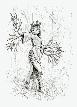 Ink drawing of a woman in a loose dress
walking in a forest with her arms spread to the sides.
Twigs and branches grow out of her arms and head,
blood trickling out where they pierce the skin.
Grass and fungi cover her legs.
