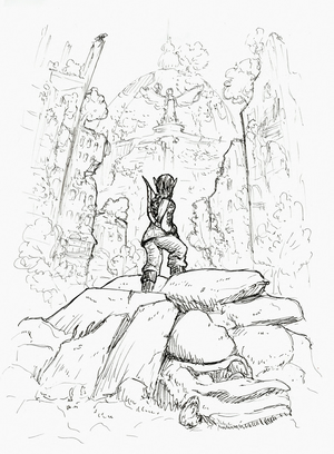 Ink drawing of Miriel the forest elf climbing onto a pile of rubble.
Behind the pile we see ruins of tall urban buildings overgrown with vegetation,
and in the middle of it all a large building with a giant domed roof.
There's a car under the rubble. Miriel is carrying her bow with the string on and a quiver full of arrows,
suggesting she's worried about who might be lurking in these streets.
