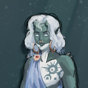 A merman in the colors of an orca,
with white hair and gold jewelry.